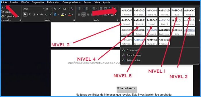 Formato APA: Títulos y subtítulos (nivel) (Hacer un Formato APA en Word - Guía paso a paso) | apa.org.es